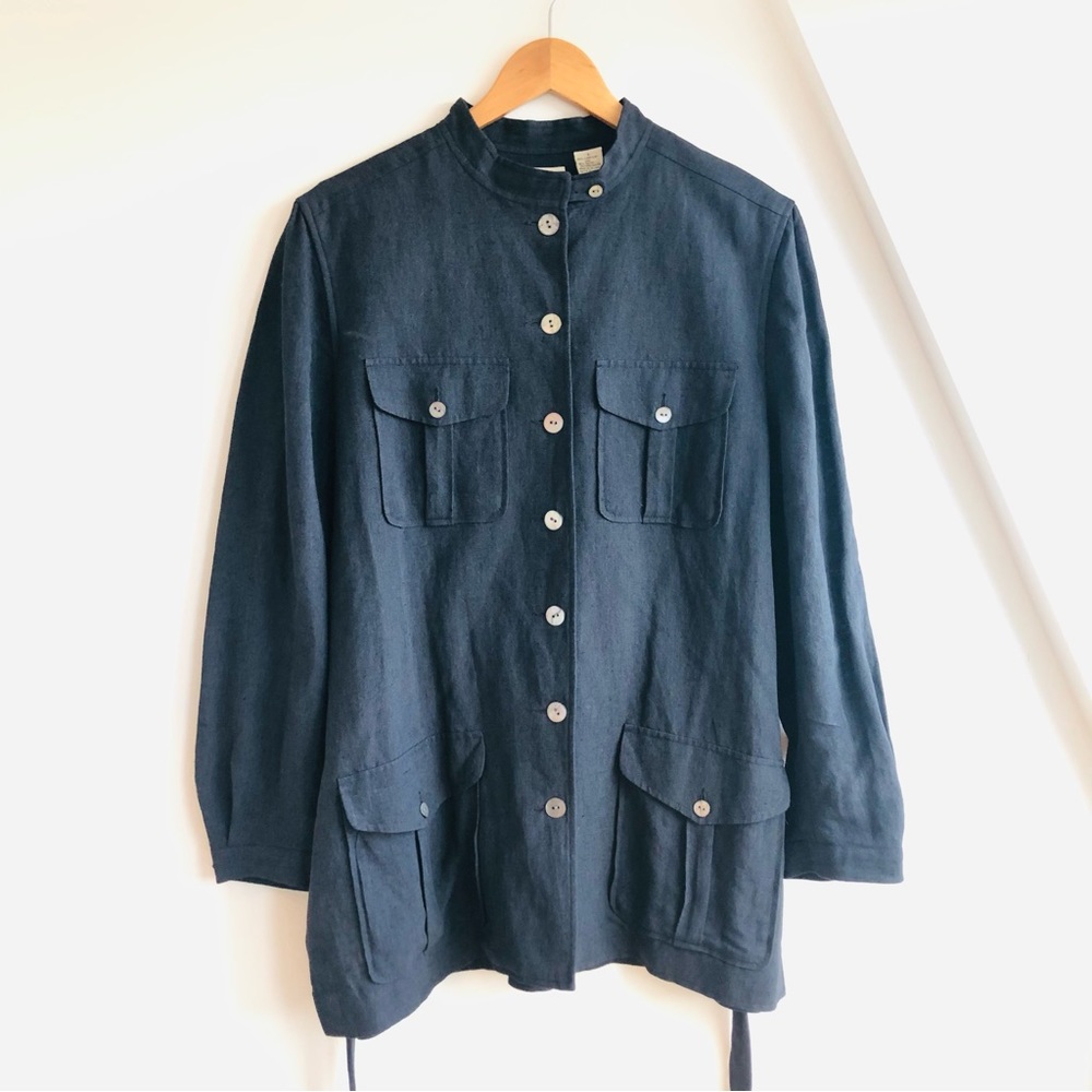 Liz Claiborne Womens LINEN blend Heavy Military Mandarin Collar Tunic Top L